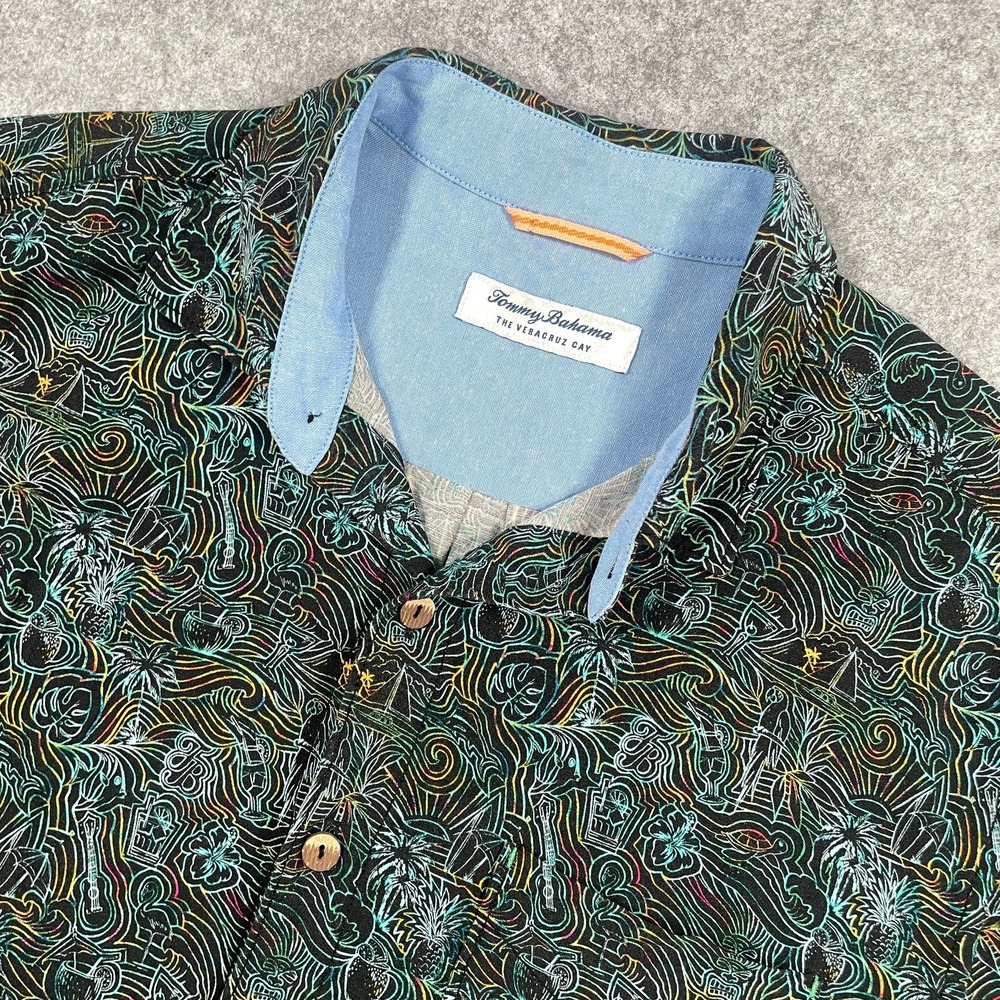 Tommy Bahama Mens Button Down Shirt M Black Neon Tropical Veracruz Cay Viscose